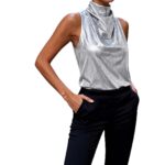 2025 Sleeveless Solid Color Mock Neck Tank Top T-Shirt - Image 5