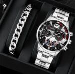 2pcs Men's New Popular Steel Strip Fashion Business Three Eye Quartz Watch Bracelet Set Valentine's Day Gifts - Image 9