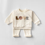 Children's Clothing Boys Sweater Suit Beige Colored Wool Material LOVE Towel Embroidery Baby Baby Clothes Two Pieces - Image 3