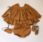 Girls' Cotton And Linen Long Sleeve Square-neck Ruffle Top Triangle Shorts 2-piece Set Clothes For Babies Autumn - Image 6