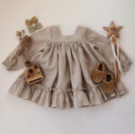 Girls' Cotton And Linen Long Sleeve Square-neck Ruffle Top Triangle Shorts 2-piece Set Clothes For Babies Autumn - Image 2