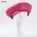 USPOP Autumn Winter Hats Women Berets Solid color PU Leather Beret Hat Rose red Berets - Image 3