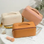 Travel Makeup Bag, Large Capacity Cosmetic Organizer Bags for Women, Waterproof PU Leather Toiletry Bags Wide Open Flat Makeup