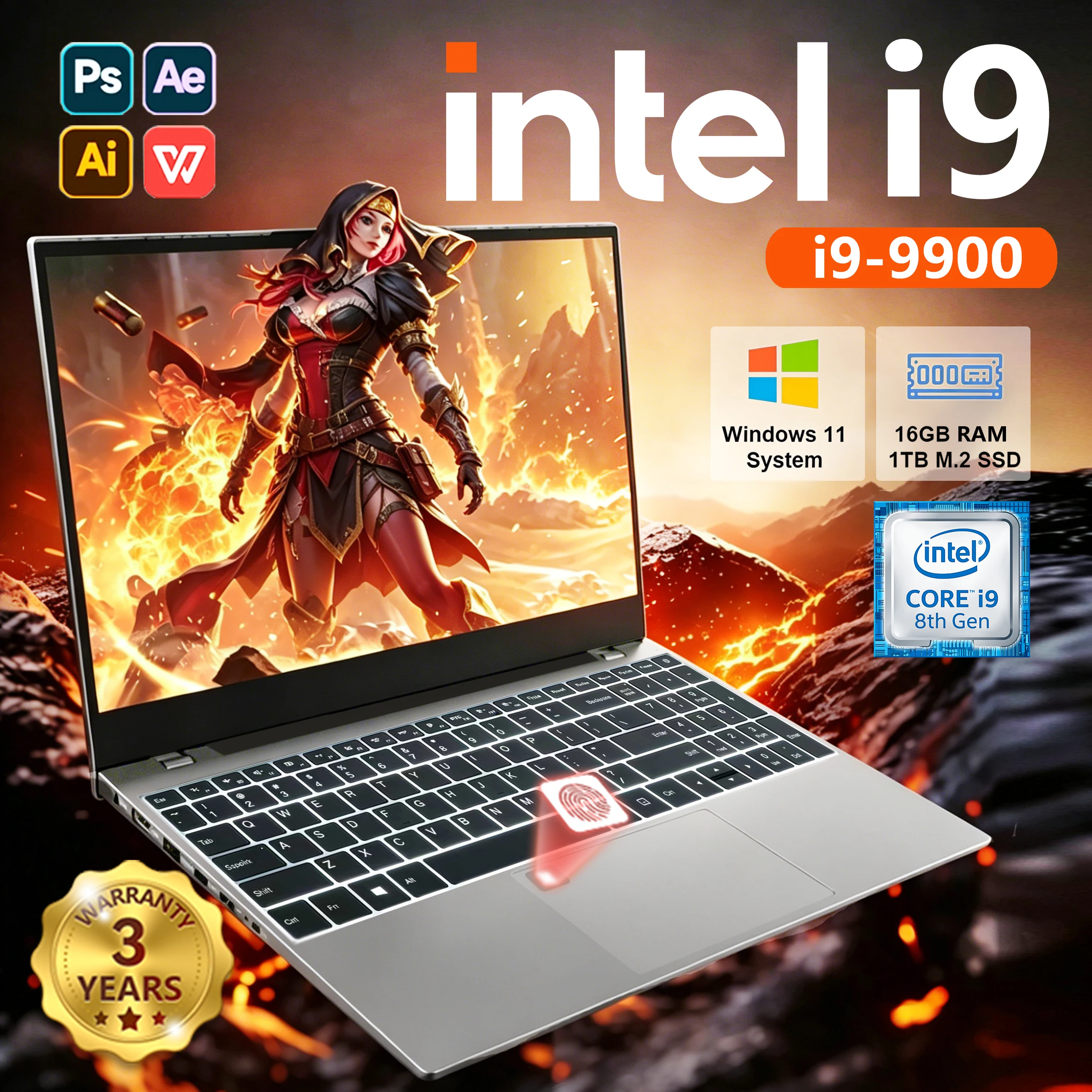 S02b92252601f407aa4126c4385993949P.webp 2026 15.6' Ultra Slim Laptop Intel Core I9-9900 16GB RAM 1/2TB SSD Windows 11 Fingerprint Unlock Office Game Backlight Laptop - Image 1