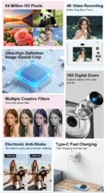 4K Digital Camera  24 Million Pixels Video Camcorder 16x Zoom Compact Cameras Auto Focus for Kids Adult Beginners Photograph - Image 13