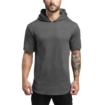 New Gym Fitness Bodybuilding Sport Hoodie Mens Slim Fit Solid Color Hooded T-Shirt Cotton Breathable Short Sleeve Muscle Shirt - Image 2