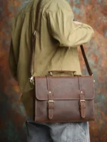NASVA Genuine Leather Men's Briefcase Retro Handbag Shoulder Laptop Bags Office Bags Document Bags - Image 9