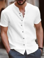 Summer Men's Short-sleeved Shirts Fashion New Casual Cotton Linen Shirt Breathable Stang Collar Button-up Tops T-shirts for Men - Image 16