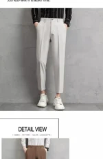 Men's Beige Slim-Fit Cropped Pants Pleated Detail Formal Casual Trousers - Image 16