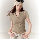 Polo Lapel Front Shoulder Short-sleeved T-shirt for Women 2025 Summer Design Pure Slim Fit Slim and Pleated Waist - Image 2