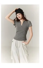 Polo Lapel Front Shoulder Short-sleeved T-shirt for Women 2025 Summer Design Pure Slim Fit Slim and Pleated Waist - Image 23