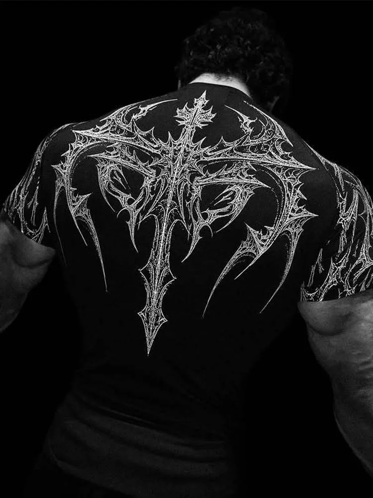 S2777850985254a1b9b882ea7ec73a423y.webp New Summer GYM T-shirt Men's Gothic Print Muscle Tee High Elasticity And Quick Drying Exercise For Bodybuilding Training T-shirt - Image 1