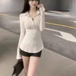 Polo Neck T Shirt for Women Coquette Clothes Sexy Woman Tshirt Trend Plain On Offer New Youth Fashion 2025 Basic Polyester In - Image 3