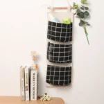 1PC Three Pockets Hanging Wall Storage Bag Household Bedroom Living Room Kitchen Cotton Linen Storage Bag - Image 2
