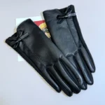 Womens Winter PU Leather Gloves Touchscreen Texting Warm Driving Leather Gloves with Bow for Outdoor