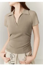 Polo Lapel Front Shoulder Short-sleeved T-shirt for Women 2025 Summer Design Pure Slim Fit Slim and Pleated Waist - Image 19