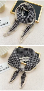 Triangle Rhombus Cotton Scarves Women Girls Headscarf Lace Edge Neckerchief Square Plaid Bandana Headband Scarf Neck Accessories - Image 13