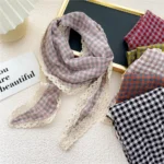 Triangle Rhombus Cotton Scarves Women Girls Headscarf Lace Edge Neckerchief Square Plaid Bandana Headband Scarf Neck Accessories - Image 2