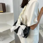 Lovely Bow Handbags for Girls Ladies Fashion Pleated Shoulder Bags for Women Simple Design Female Underarm Bag Casual Tote Purse - Image 3