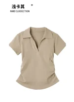 Polo Lapel Front Shoulder Short-sleeved T-shirt for Women 2025 Summer Design Pure Slim Fit Slim and Pleated Waist - Image 30