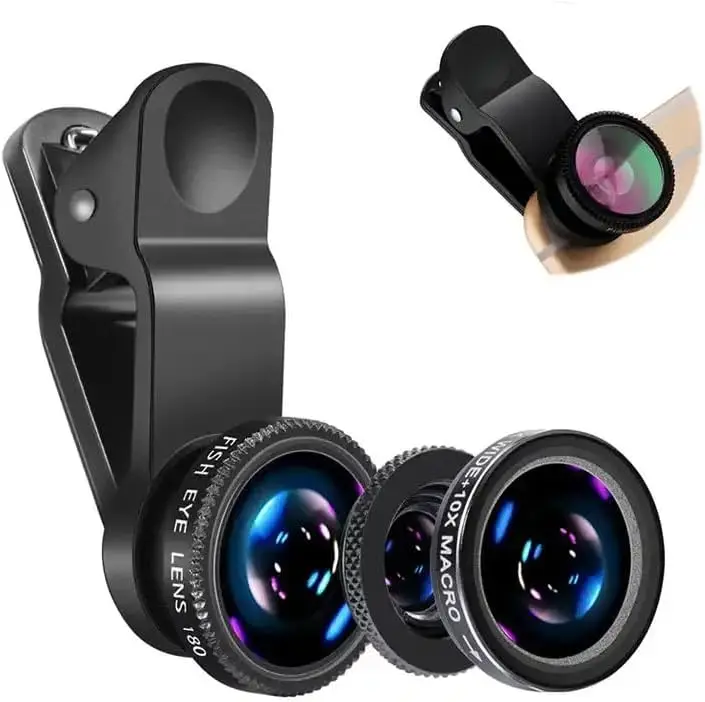 S48fa299bdf714df3852e4c9c1b64b8e3a.webp 3in1 Fisheye Wide Angle Micro Camera Lens for iPhone Xiaomi Redmi 3in1 Zoom Fish Eye Len on Smartphone Lenses with Phone Clip - Image 1