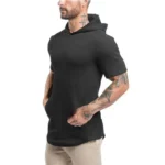 New Gym Fitness Bodybuilding Sport Hoodie Mens Slim Fit Solid Color Hooded T-Shirt Cotton Breathable Short Sleeve Muscle Shirt - Image 6