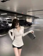 Polo Neck T Shirt for Women Coquette Clothes Sexy Woman Tshirt Trend Plain On Offer New Youth Fashion 2025 Basic Polyester In - Image 35