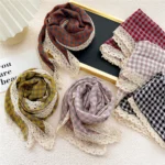 Triangle Rhombus Cotton Scarves Women Girls Headscarf Lace Edge Neckerchief Square Plaid Bandana Headband Scarf Neck Accessories