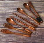 3 Pieces Tableware Natural Wood Dinnerware Spoon Chopsticks Fork Dinner Portable Tableware Grain Household Kitchen Cutlery Set - Image 17