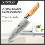 XINZUO 1-8pcs Kitchen Knife Set 73 Layers Custom Damascus Steel 15°±1 Per Side Steel Blade with Olive Wood Handle - Image 10