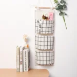 1PC Three Pockets Hanging Wall Storage Bag Household Bedroom Living Room Kitchen Cotton Linen Storage Bag - Image 3