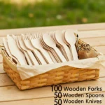 A Set of Premium Wooden Cutlery – 100/200 Pieces of Disposable Cutlery (50/100 Forks, 25/50 Knives, 25/50 Spoons), Suitable for Events and Catering Services, Includes 5.5inch / 6.3inch Utensils, with a Wooden Table Cutlery Set of 14cm / 16cm Pieces Suitable for Daily Use, Outdoor Activities, and P - Image 5
