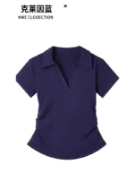 Polo Lapel Front Shoulder Short-sleeved T-shirt for Women 2025 Summer Design Pure Slim Fit Slim and Pleated Waist - Image 26