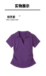 Polo Lapel Front Shoulder Short-sleeved T-shirt for Women 2025 Summer Design Pure Slim Fit Slim and Pleated Waist - Image 24