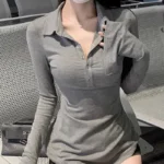 Polo Neck T Shirt for Women Coquette Clothes Sexy Woman Tshirt Trend Plain On Offer New Youth Fashion 2025 Basic Polyester In