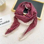 Triangle Rhombus Cotton Scarves Women Girls Headscarf Lace Edge Neckerchief Square Plaid Bandana Headband Scarf Neck Accessories - Image 3