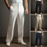 Men Waffle Dress Pants Casual Business Suit Trousers Wide Leg Trousers with Belt Loop for Office Dating Vacation Daily Wear - Image 4