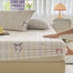 Striped Bow Bed Sheets Set Fitted Sheet Non Slip Bedspread With Elastic Band Mattress Cover (With Pillowcases) Double Bed Sheet - Image 2