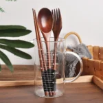 3 Pieces Tableware Natural Wood Dinnerware Spoon Chopsticks Fork Dinner Portable Tableware Grain Household Kitchen Cutlery Set - Image 4