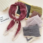 Triangle Rhombus Cotton Scarves Women Girls Headscarf Lace Edge Neckerchief Square Plaid Bandana Headband Scarf Neck Accessories - Image 4