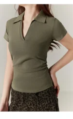 Polo Lapel Front Shoulder Short-sleeved T-shirt for Women 2025 Summer Design Pure Slim Fit Slim and Pleated Waist - Image 18