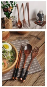 3 Pieces Tableware Natural Wood Dinnerware Spoon Chopsticks Fork Dinner Portable Tableware Grain Household Kitchen Cutlery Set - Image 11