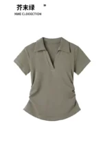Polo Lapel Front Shoulder Short-sleeved T-shirt for Women 2025 Summer Design Pure Slim Fit Slim and Pleated Waist - Image 25