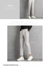 Men's Beige Slim-Fit Cropped Pants Pleated Detail Formal Casual Trousers - Image 15