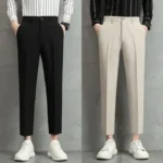 Men's Beige Slim-Fit Cropped Pants Pleated Detail Formal Casual Trousers - Image 5