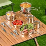 Stainless Steel 8Pcs Cookware Set for Camping Camping Pot and Pan Set with Cups Outdoor 2-3 Person Tableware for Hiking Picnic - Image 6