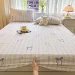 Striped Bow Bed Sheets Set Fitted Sheet Non Slip Bedspread With Elastic Band Mattress Cover (With Pillowcases) Double Bed Sheet - Image 5