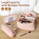 Travel Makeup Bag, Large Capacity Cosmetic Organizer Bags for Women, Waterproof PU Leather Toiletry Bags Wide Open Flat Makeup - Image 3