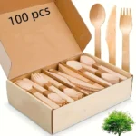 A Set of Premium Wooden Cutlery – 100/200 Pieces of Disposable Cutlery (50/100 Forks, 25/50 Knives, 25/50 Spoons), Suitable for Events and Catering Services, Includes 5.5inch / 6.3inch Utensils, with a Wooden Table Cutlery Set of 14cm / 16cm Pieces Suitable for Daily Use, Outdoor Activities, and P