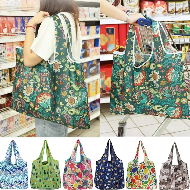 S9b4c40e2322c4f29a438080abd7a6083p.webp Tote Bags Flower Print Women's Grocery Handbags Outdoor Foldable Shopper Eco Shopping Bag Reusable Storage Bag Organizer Bags - Image 1